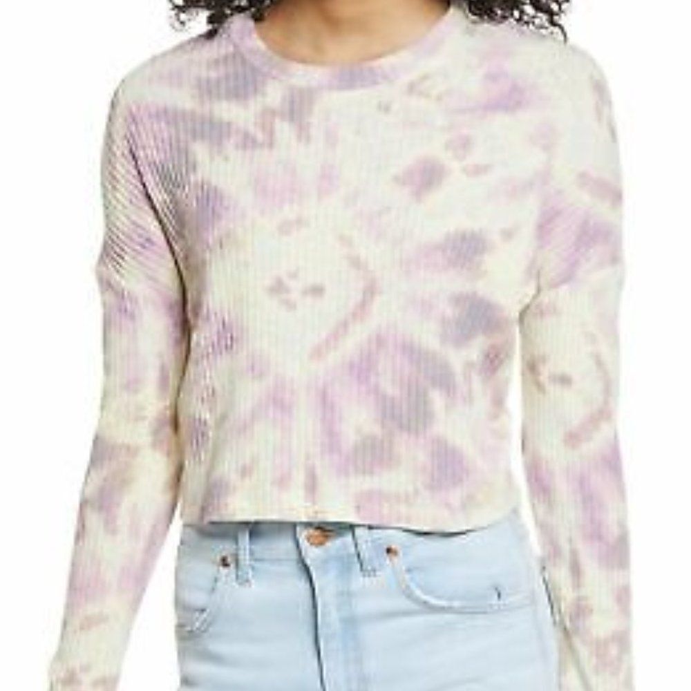 BP Cropped Top Long Sleeve Tie-Dye Yellow Pink Purple Casual Ribbed Neutral